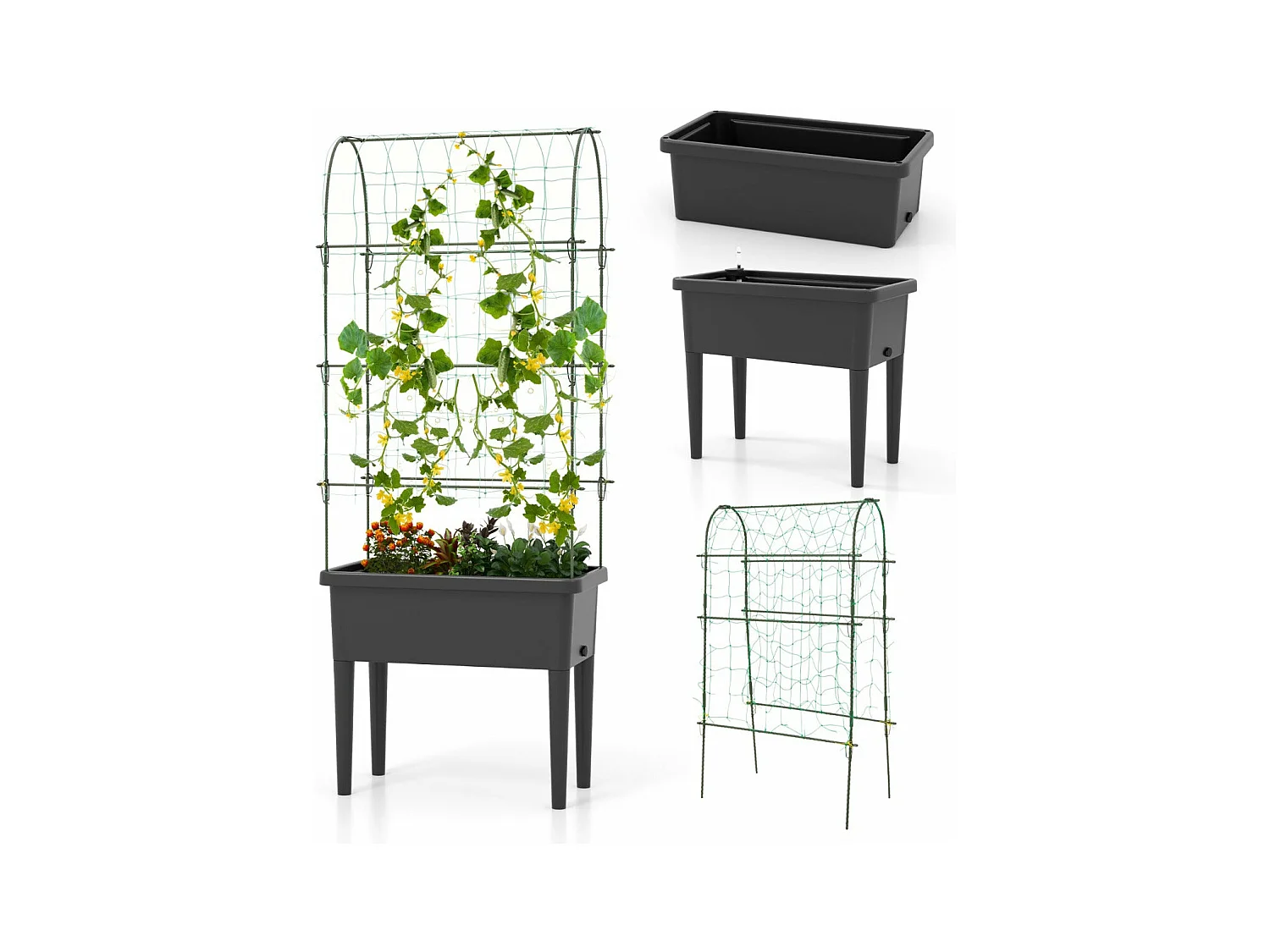 Fioriera rialzata autoirrigante con aiuola da giardino a traliccio con indicatore del livello dell'acqua Foro di drenaggio per fiori e verdure Nero 20_0008643
