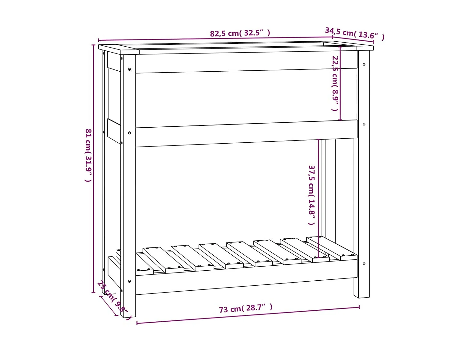 Vassoio per fioriera aiuola rialzata piante fiori terrazza giardino con ripiano 82,5 x 34,5 x 81 cm legno massello di pino nero 02_0038401