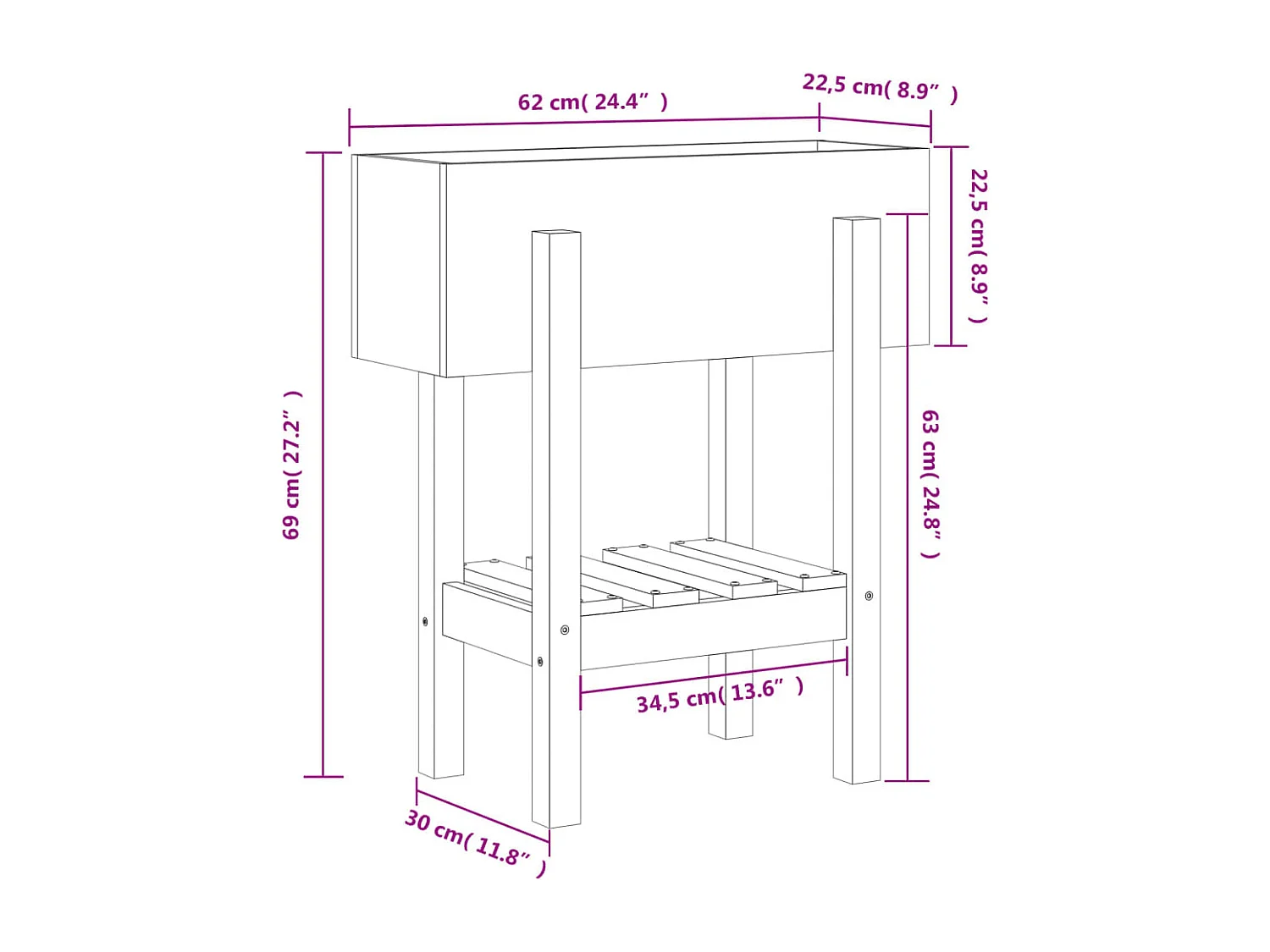 Vassoio per fioriera aiuola rialzata piante fiori terrazza giardino 62 x 30 x 69 cm legno massello di pino marrone 02_0037749