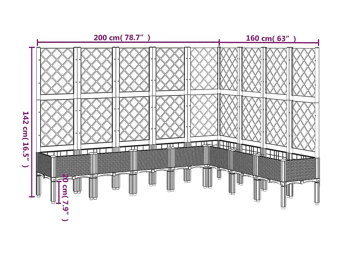 Vassoio per fioriera aiuola rialzata piante fiori terrazza giardino con traliccio leggero 200 x 160 x 142 cm PP grigio 02_0038353