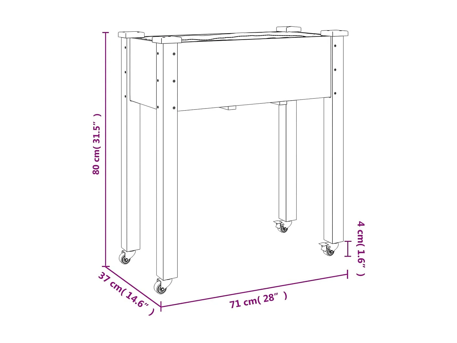 Portafioriera aiuola rialzata piante fiori terrazzo giardino su ruote con rivestimento 71 x 37 x 80 cm legno di abete marrone 02_0038727