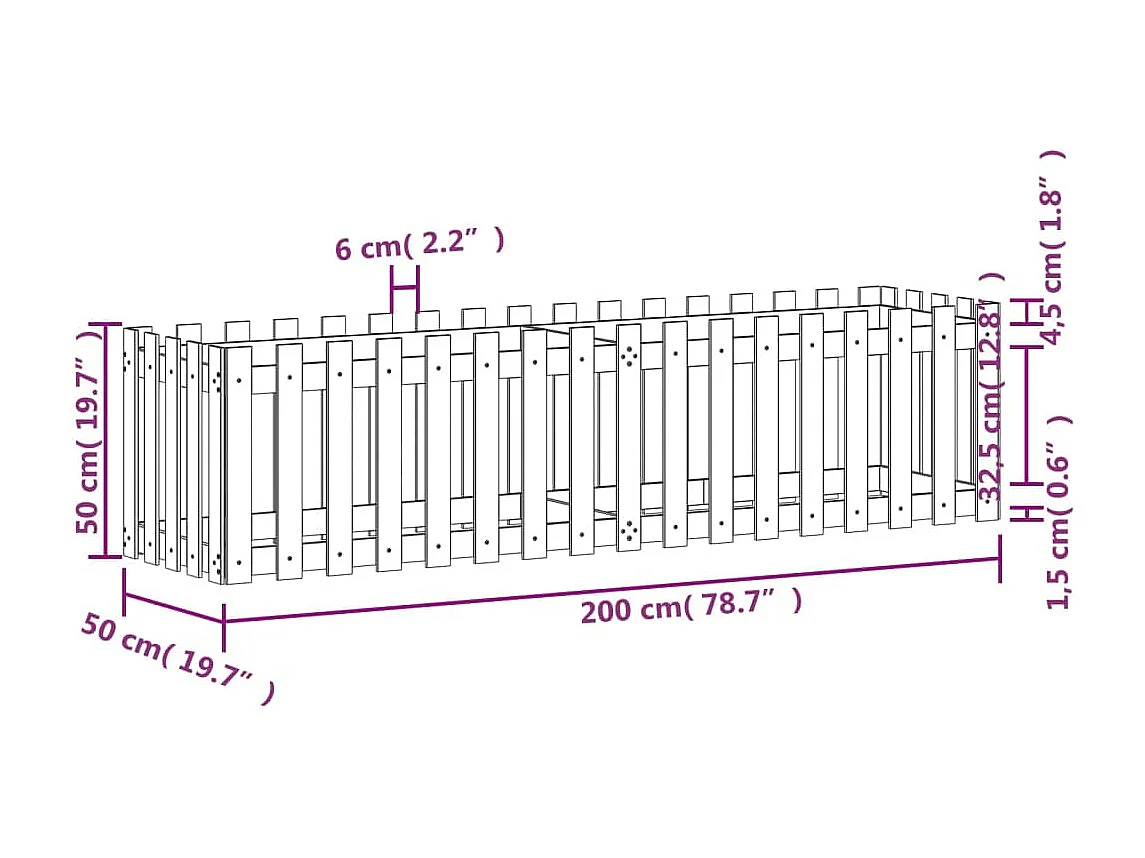 Macetero bancal elevado plantas flores terraza jardín valla de jardín diseño 200 x 50 x 50 cm pino macizo blanco 02_0039806