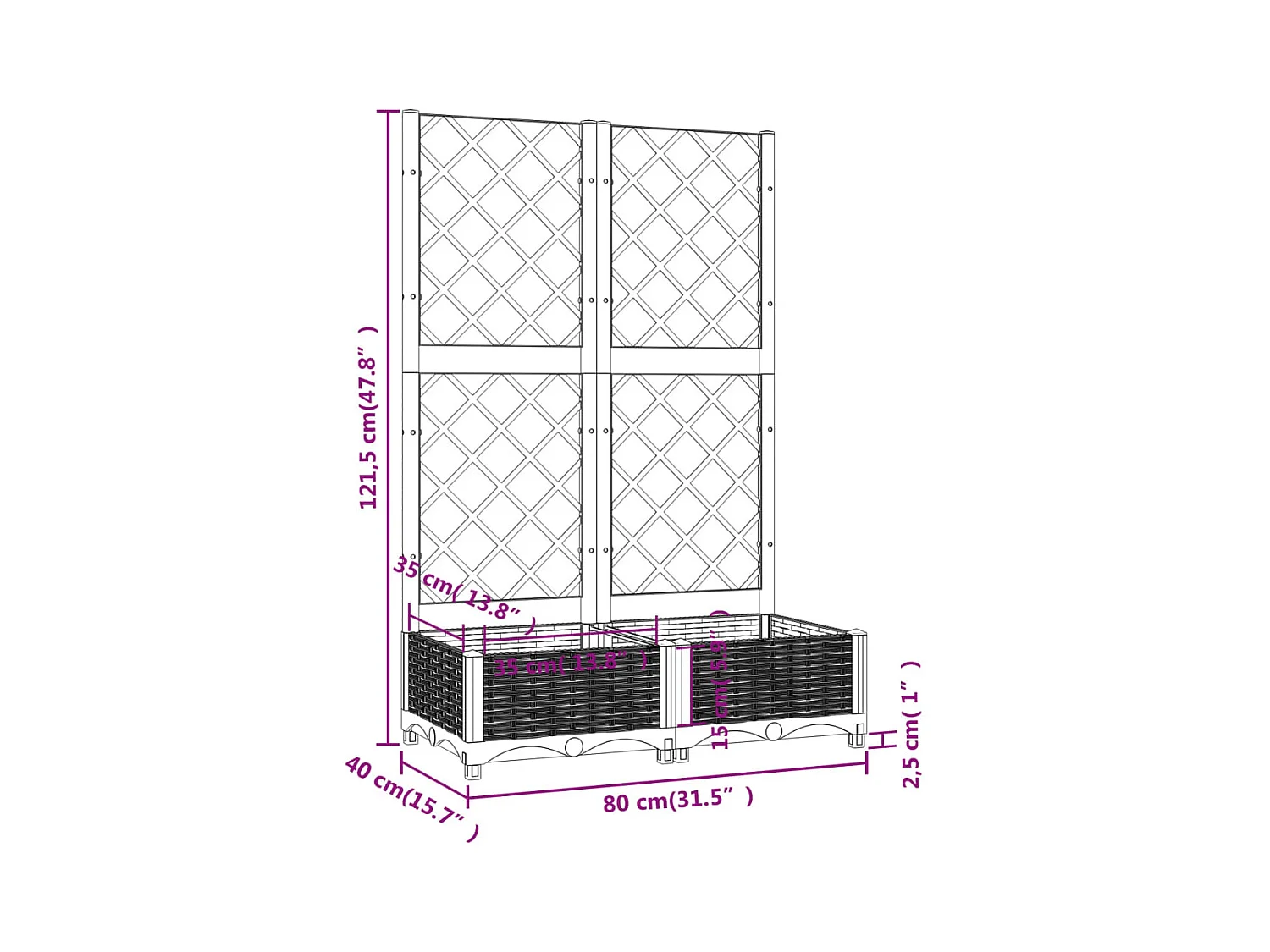 Fioriera aiuola rialzata vassoio piante fiori terrazza giardino con traliccio 80 x 40 x 121,5 cm PP bianco 02_0038301
