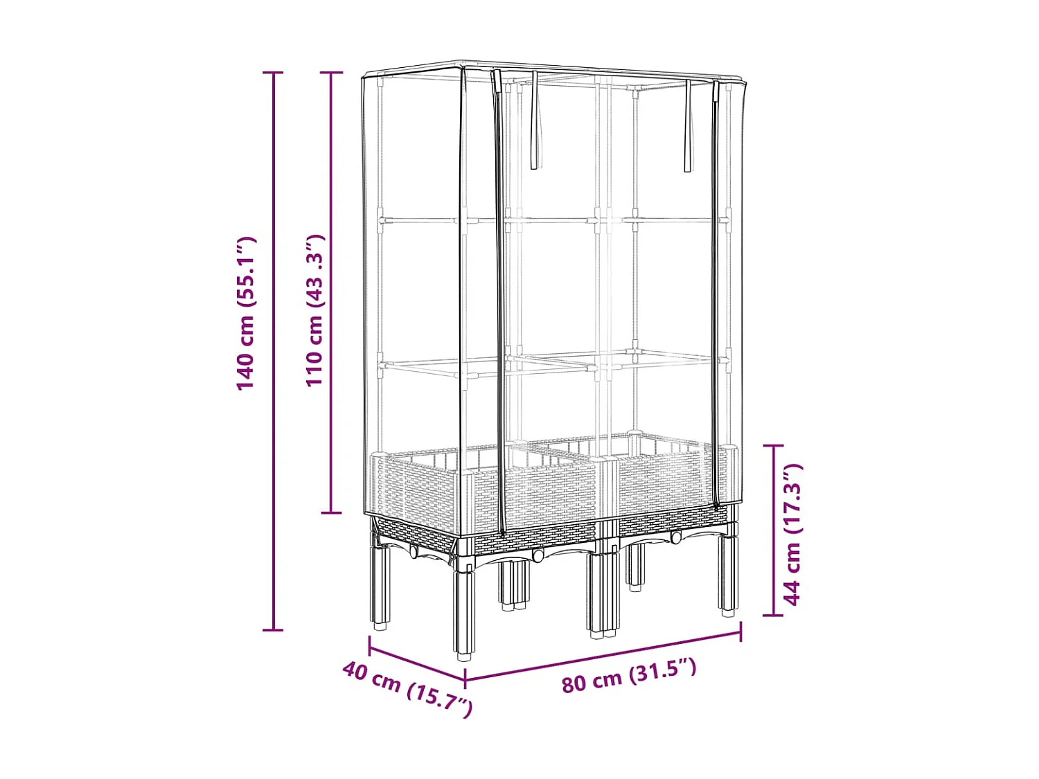 Vaso per fioriera rialzata per piante fiori terrazza da giardino rialzata con rivestimento in simil rattan 80 x 40 x 140 cm Marrone 02_0038794