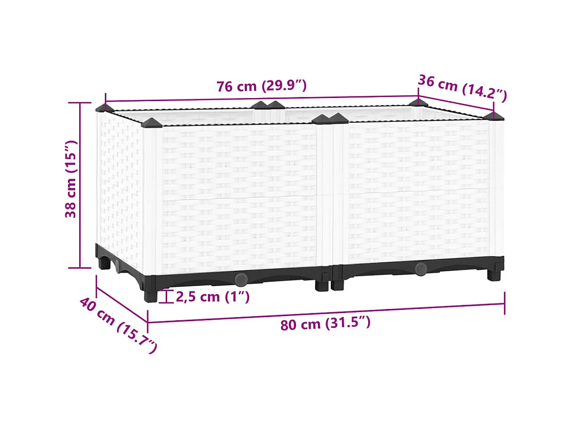 Vassoio per fioriera aiuola rialzata piante fiori terrazza giardino 80 x 40 x 38 cm polipropilene bianco 02_0039239