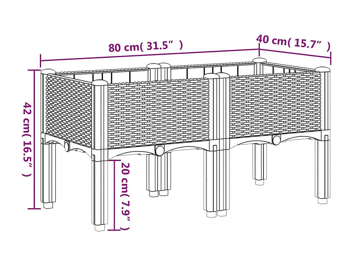 Vassoio per fioriera aiuola rialzata piante fiori terrazza giardino con piedini 80 x 40 x 42 cm PP nero 02_0038171