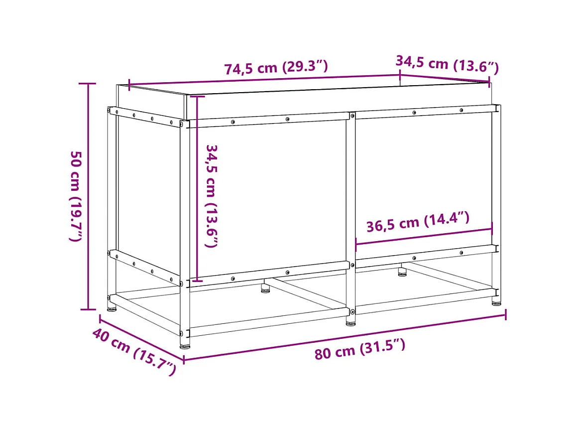 Vassoio per fioriera aiuola rialzata piante fiori terrazza giardino 80 x 40 x 50 cm legno massello di pino bianco 02_0037872