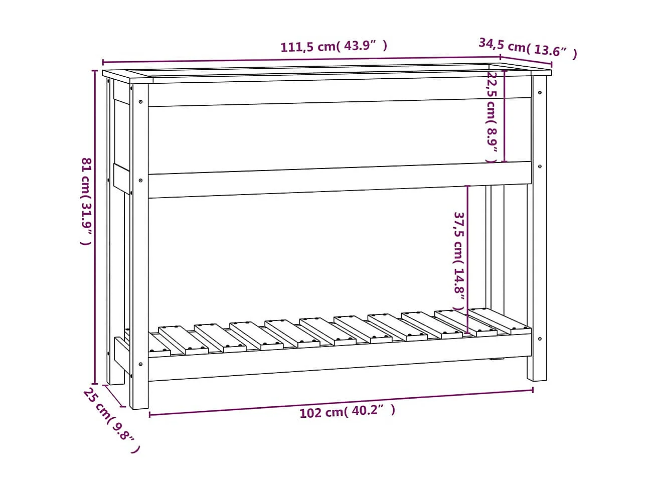 Vassoio per fioriera aiuola rialzata piante fiori terrazza giardino con ripiano 111,5 x 34,5 x 81 cm legno massello di pino grigio 02_0038382