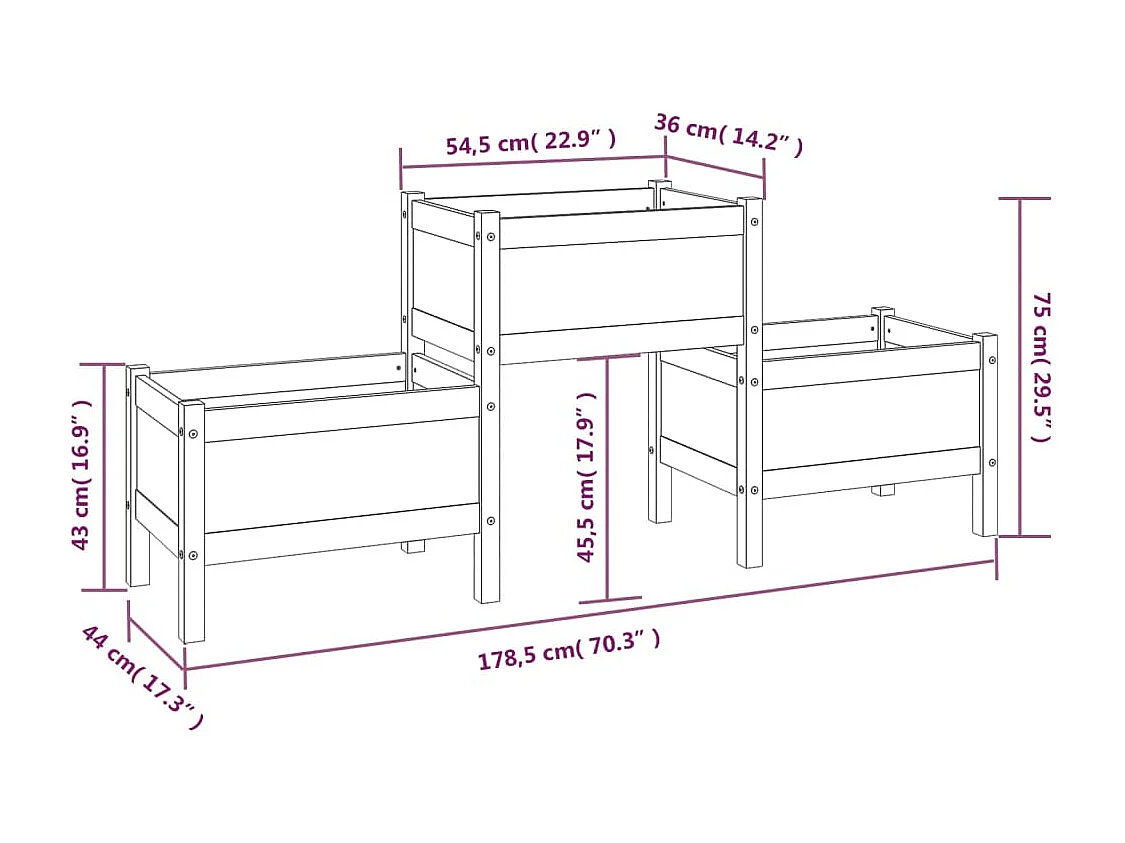 Vassoio per fioriera aiuola rialzata piante fiori terrazza giardino 178,5 x 44 x 75 cm legno massello di pino marrone 02_0037467