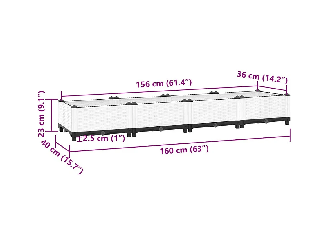Vassoio per fioriera aiuola rialzata piante fiori terrazza giardino 160 x 40 x 23 cm polipropilene bianco 02_0039212
