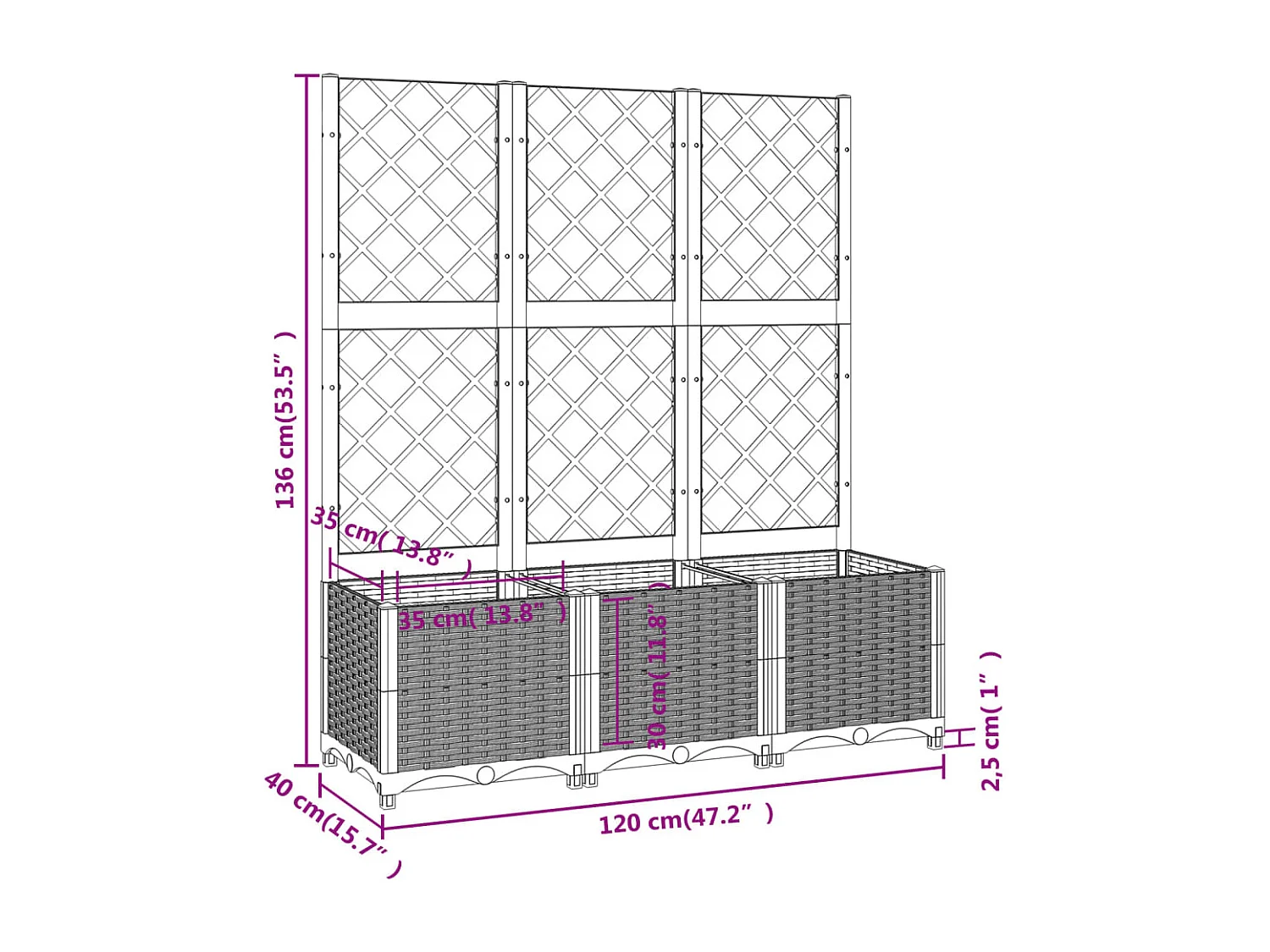 Plantador bandeja elevada plantas flores terraço jardim com treliça 120 x 40 x 136 cm PP marrom 02_0038236