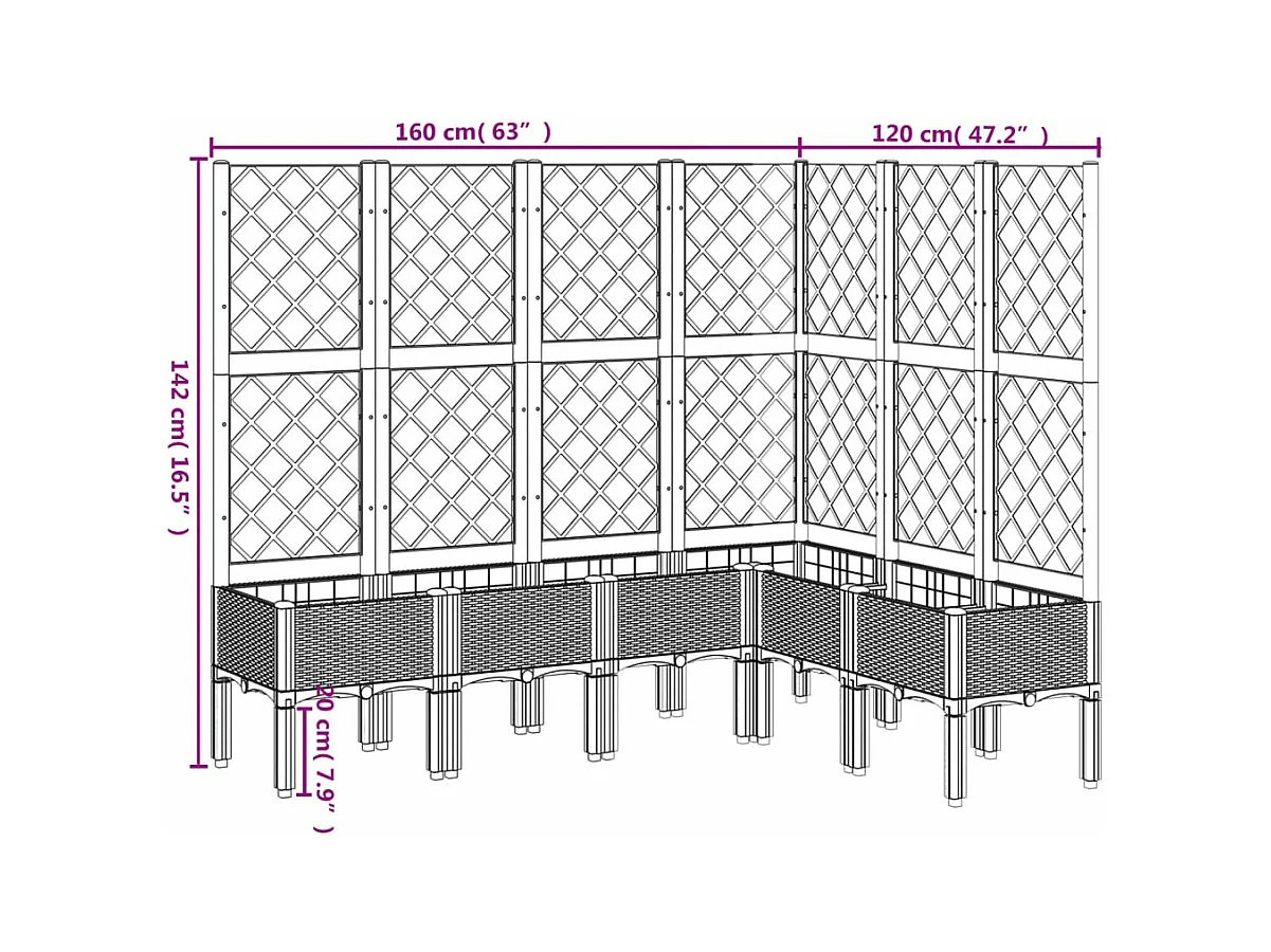 Fioriera aiuola rialzata vassoio piante fiori terrazza giardino con traliccio 160 x 120 x 142 cm PP bianco 02_0038250