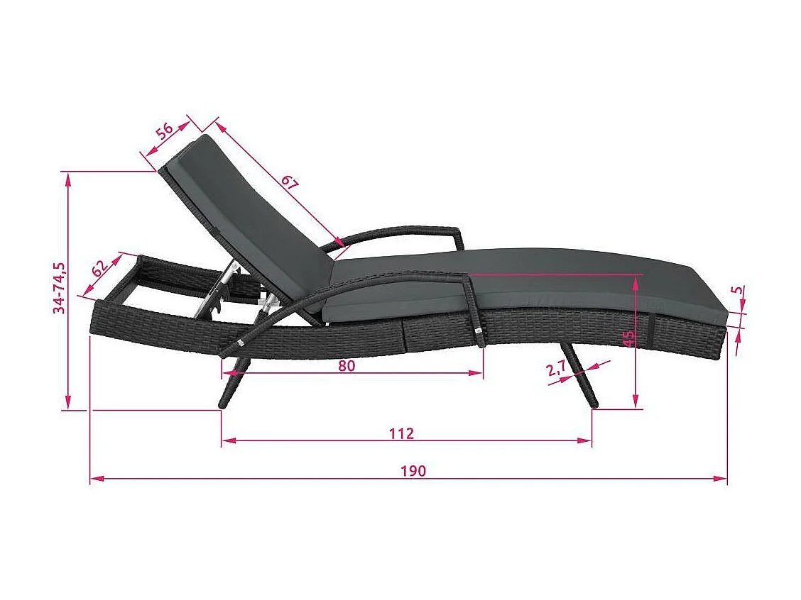 Bain de soleil transat noire 190 x 62 x 74.5 cm 2208057