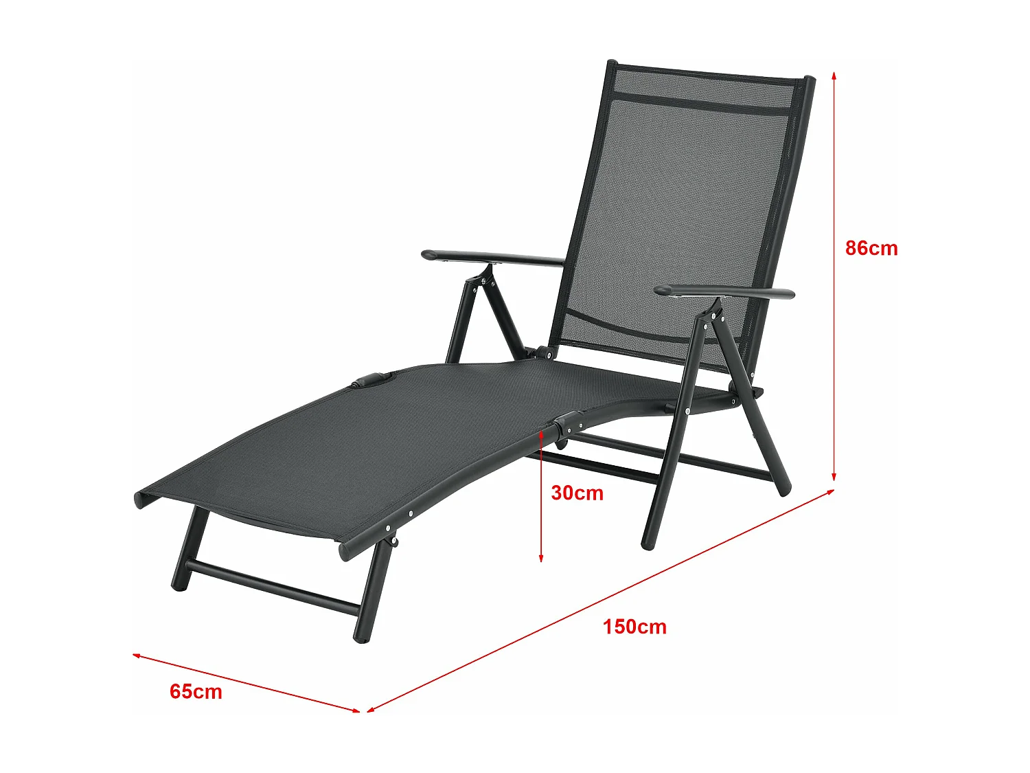 Espreguiçadeira reclinável 160° com braços 150 x 65 x 86 cm preto 03_0006406
