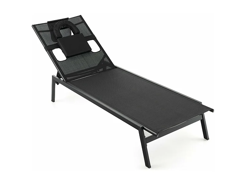 Sillón de exterior de hierro con 1 orificio frontal y 2 laterales 5 posiciones de respaldo reposacabezas extraíble 150 kg negro 20_0005013