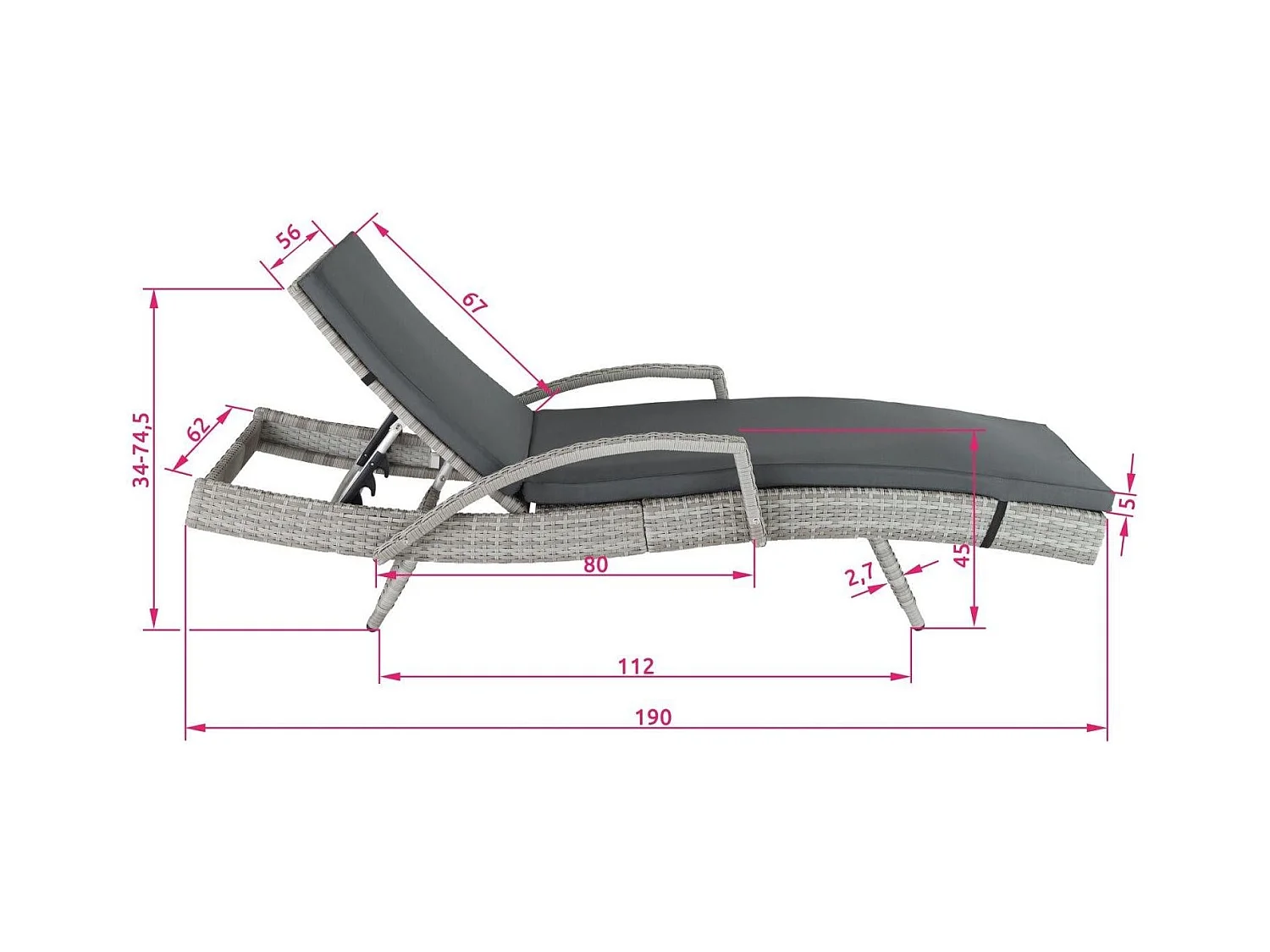 Bain de soleil transat grise 190 x 62 x 34 cm 08_0000226