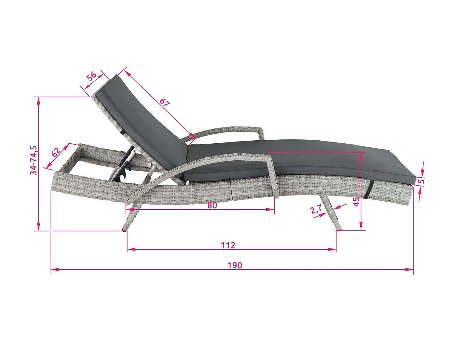 Tumbona tumbona muebles de jardín 5 posiciones gris 08_0000226