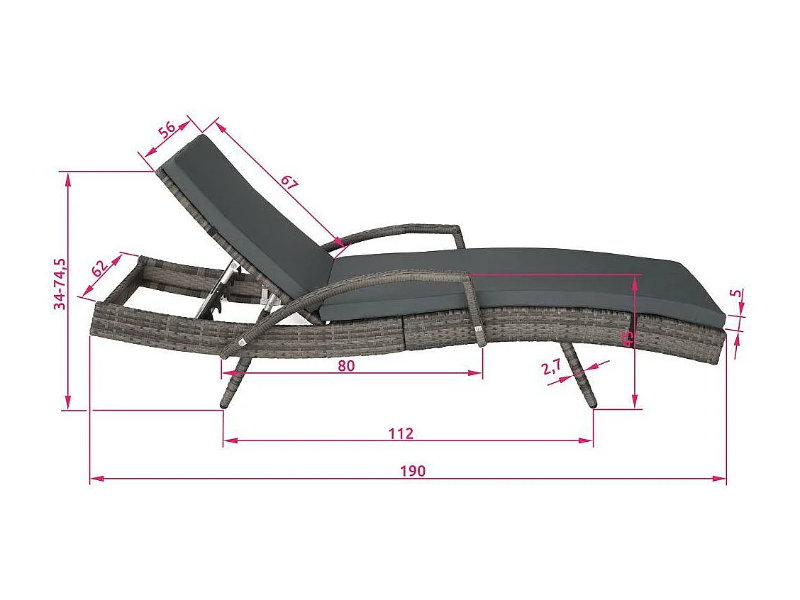 Bain de soleil transat grise 190 x 62 x 74.5 cm 2208056