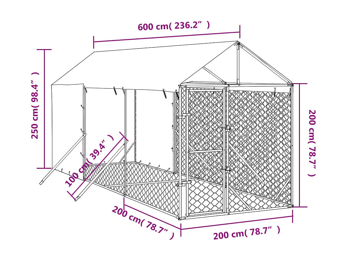 Jaula para perrera exterior para perros con techo plateado 2 x 6 x 2,5 m Plata 02_0041897