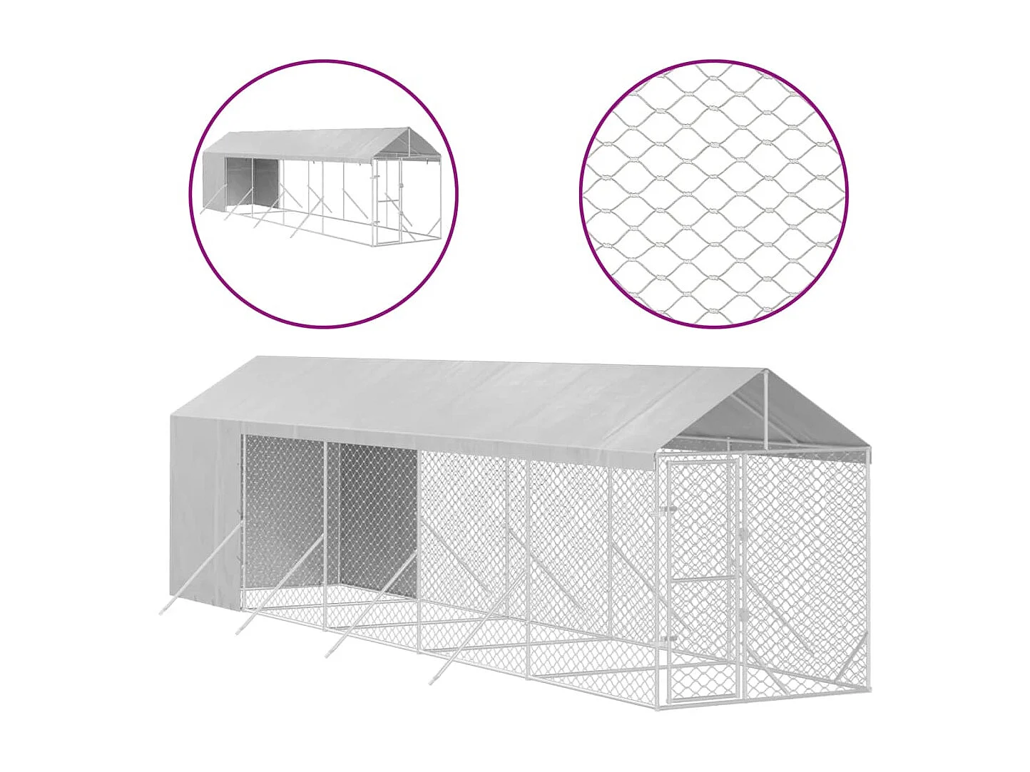 Canil/gaiola/recinto/pacote para animais de exterior com telhado prateado 2 x 10 x 2,5 m Prata 02_0041894