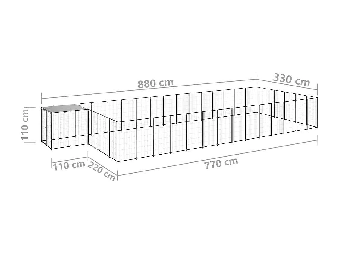 Jaula para perrera exterior, recinto para parque para animales y perros, 26,62 m², 110 cm, acero negro 02_0000516