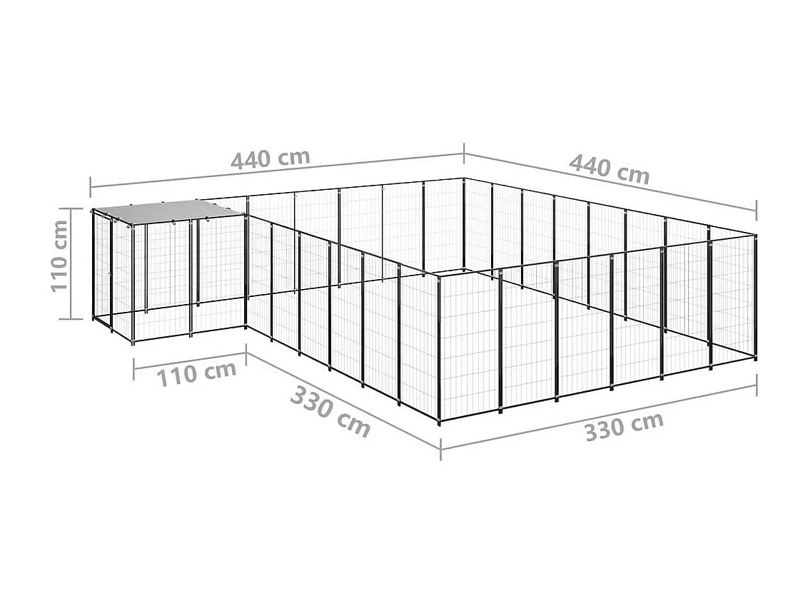 Caseta exterior para jaula, parque para animales y perros, 15,73 m², 110 cm, acero negro 02_0000498