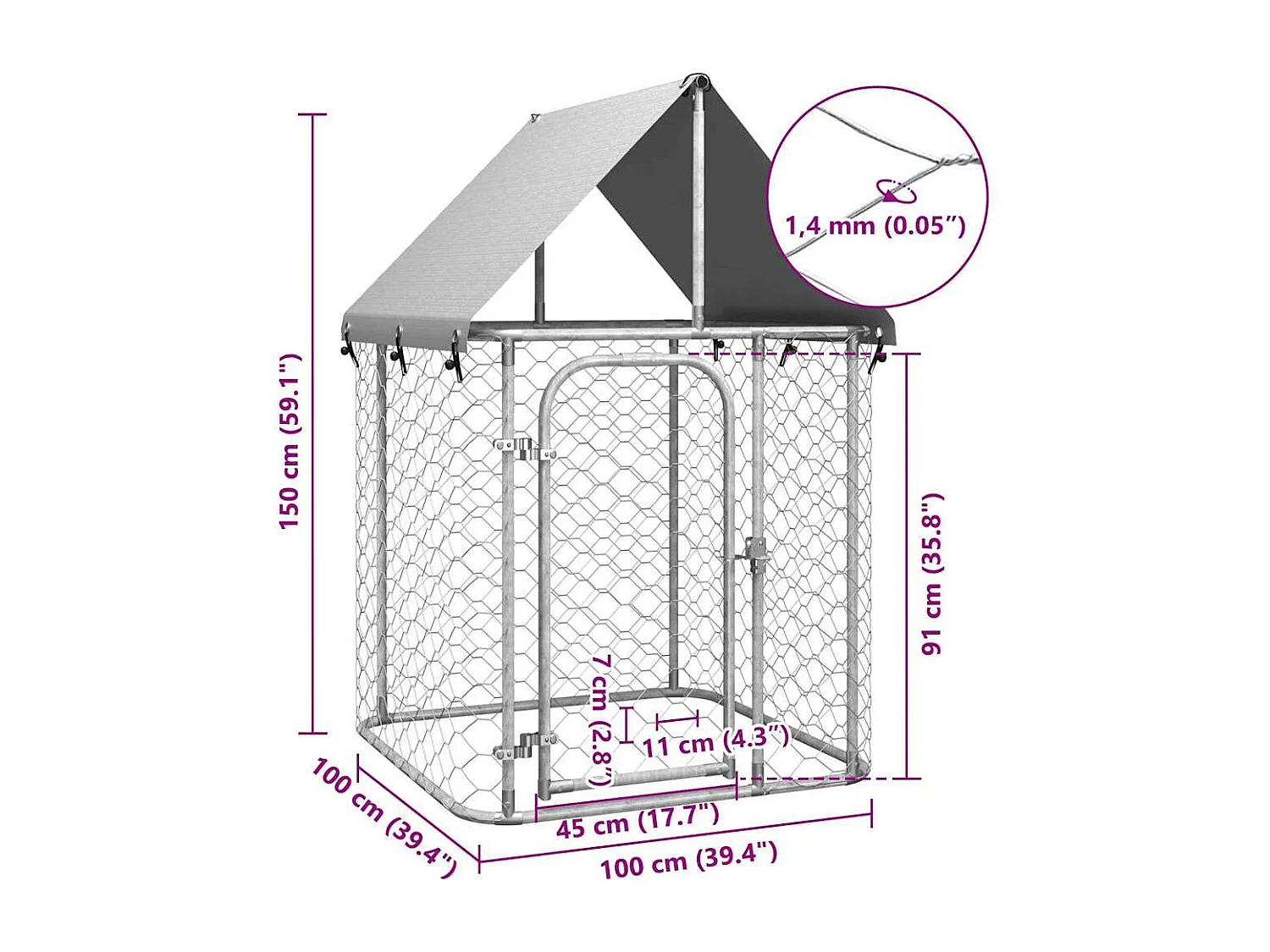 Gaiola para canil exterior animal pac com telhado 100 x 100 x 150 cm Prata 02_0041904