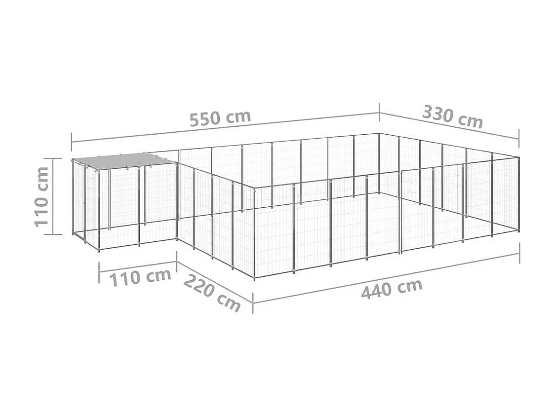 Caseta exterior con jaula para perros, parque para mascotas, plata, 15,73 m², acero 02_0000241