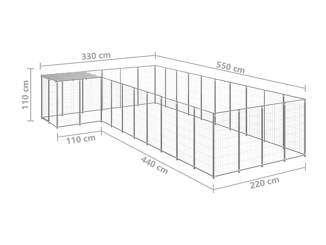 Jaula para perrera exterior, parque para mascotas, perro, plata, 13,31 m², acero 02_0000238
