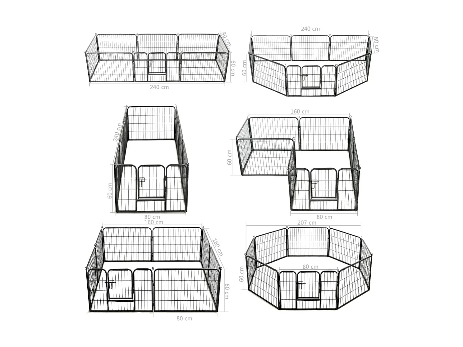 Parco per cani 8 pannelli in acciaio 60 x 80 cm recinto per cani nero 02_0000566