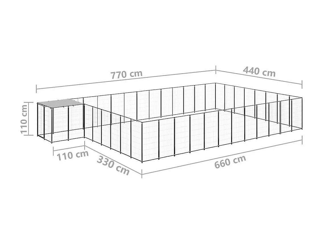 Jaula para perrera exterior, recinto para parque para animales y perros, 30,25 m², 110 cm, acero negro 02_0000522