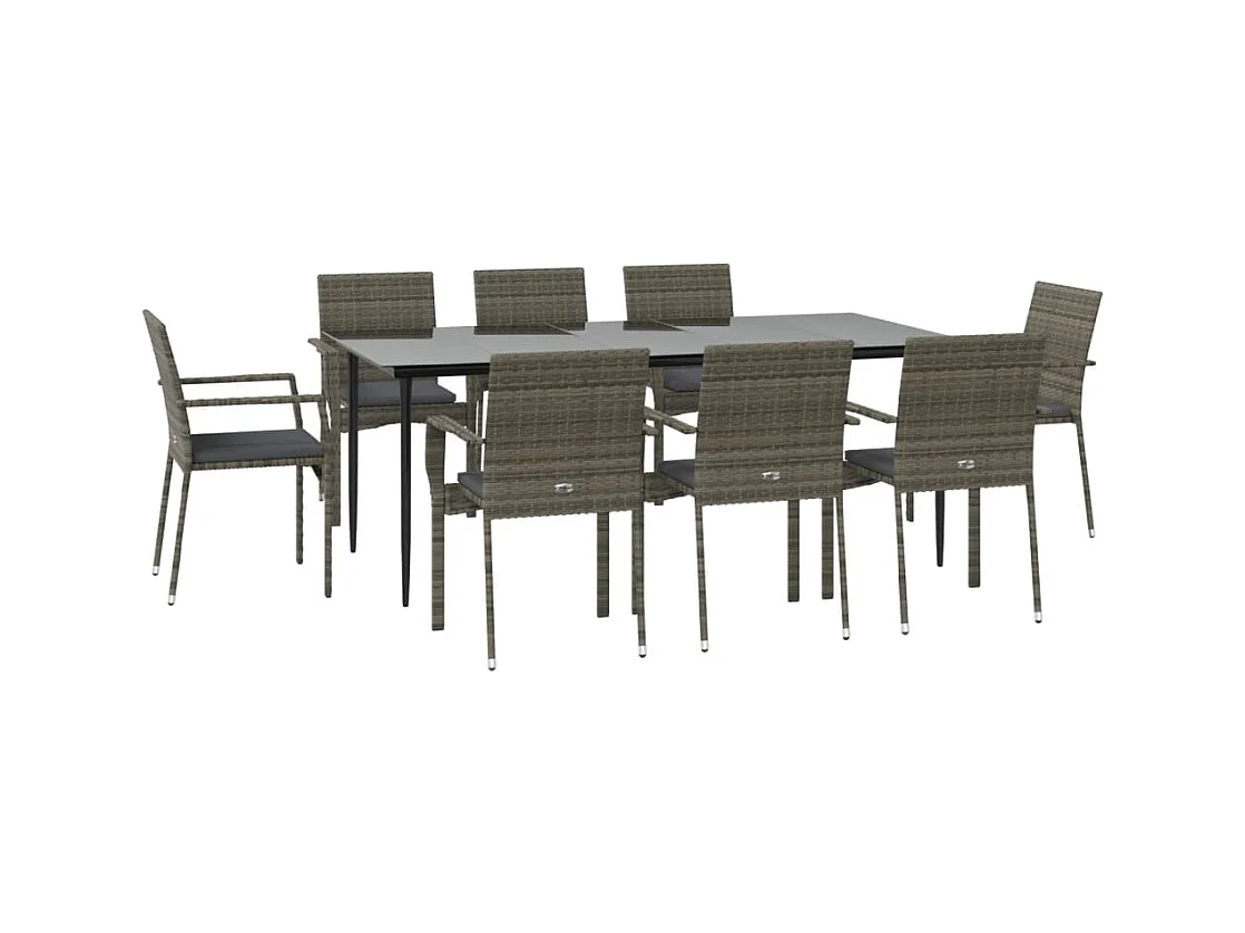 Conjunto de comedor de jardín 9 piezas y cojines negro y gris 02_0014195