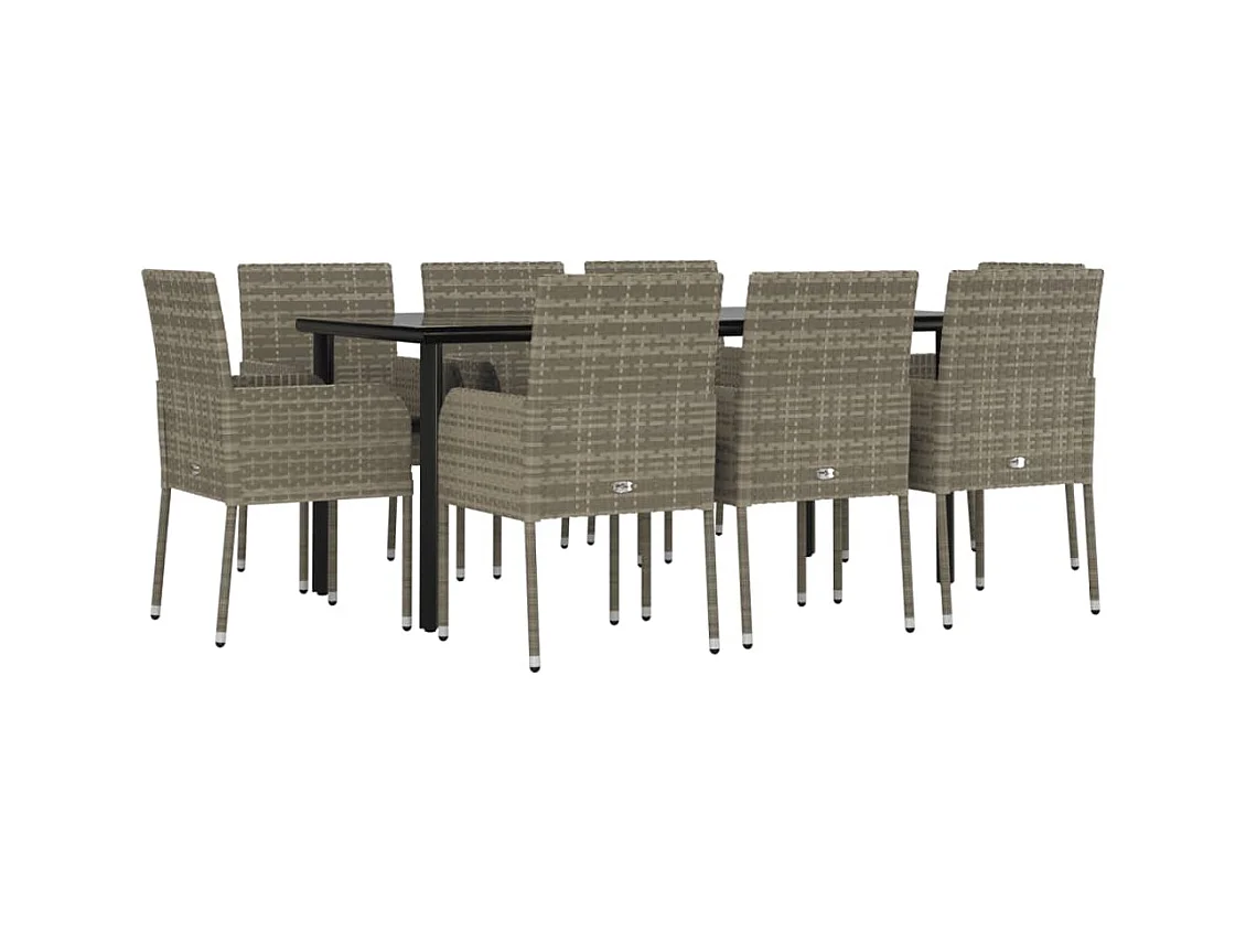 Conjunto de comedor de jardín 9 piezas y cojines negro y gris 02_0014198