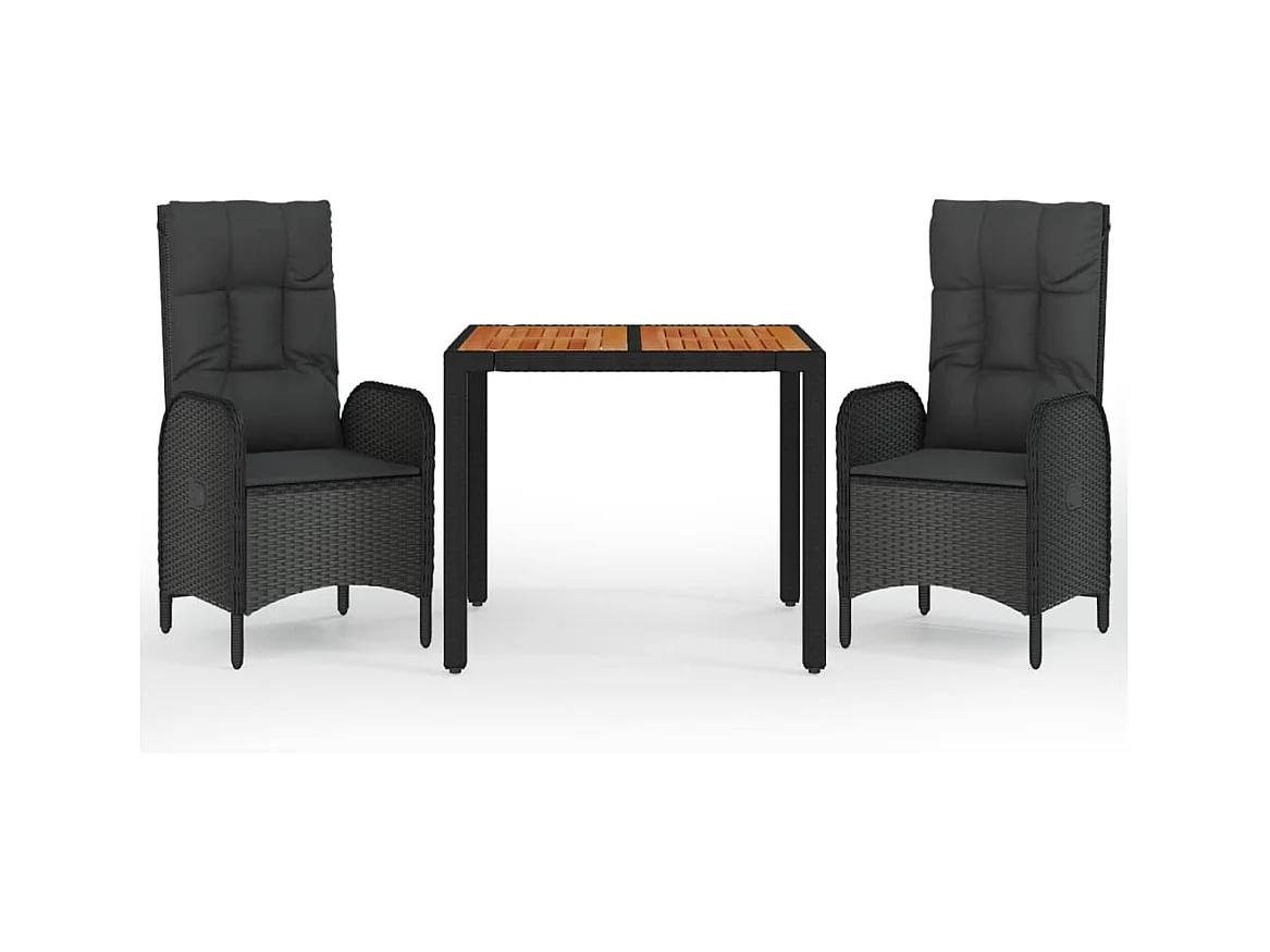 Conjunto de jantar de jardim mobiliário de exterior com almofadas 3 peças preto 02_0014137