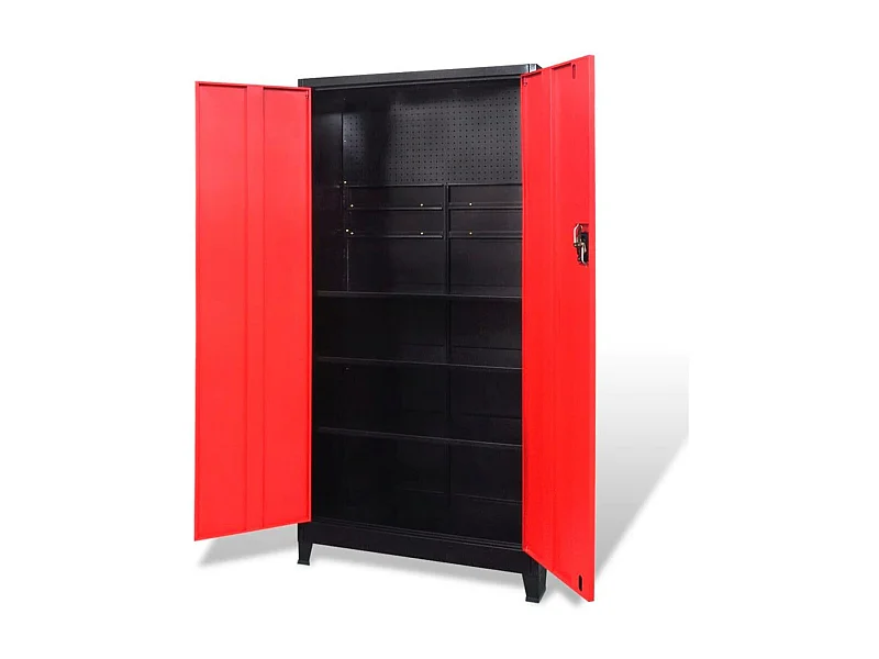 Armario para herramientas con 2 puertas de acero negro y rojo Caja de herramientas de 180 cm 02_0003802