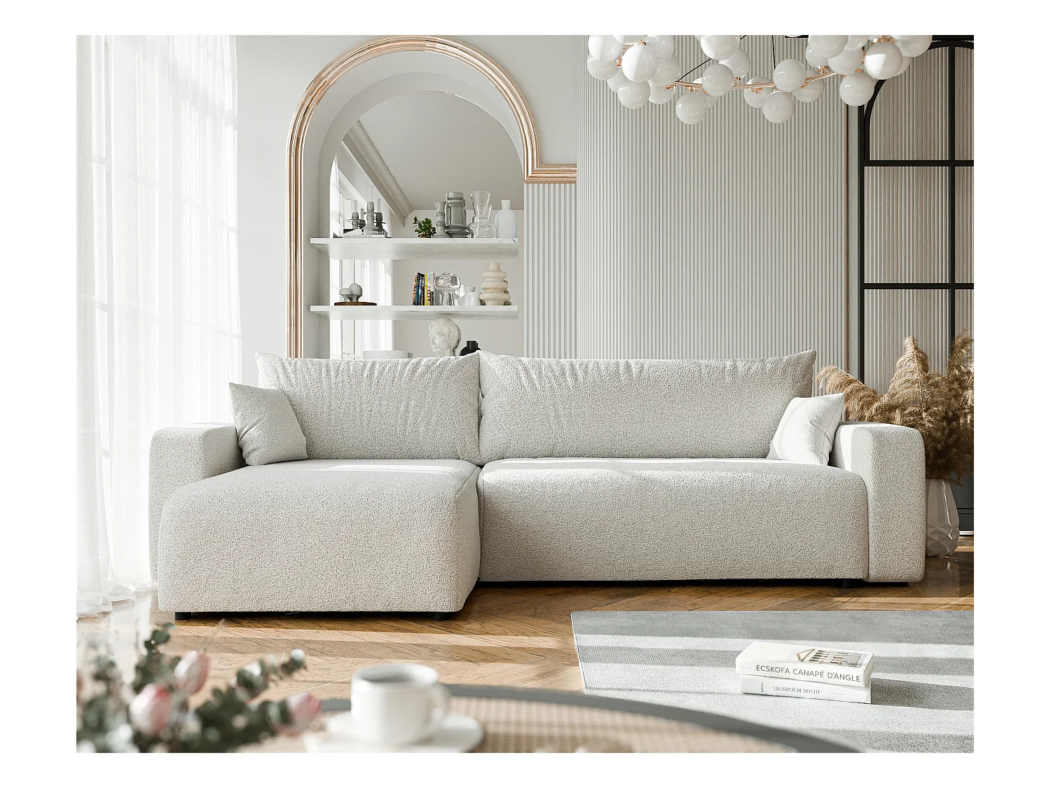 Canapé d'angle convertible en bouclé beige