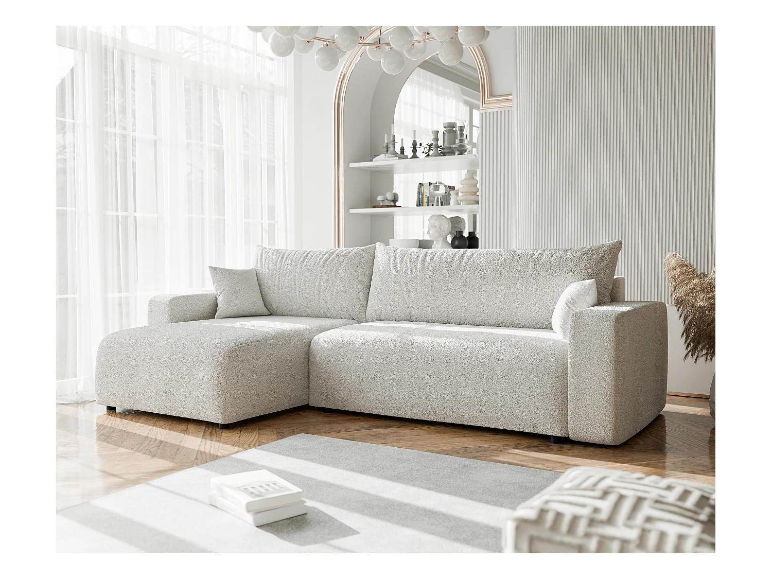 Canapé d'angle convertible en bouclé beige