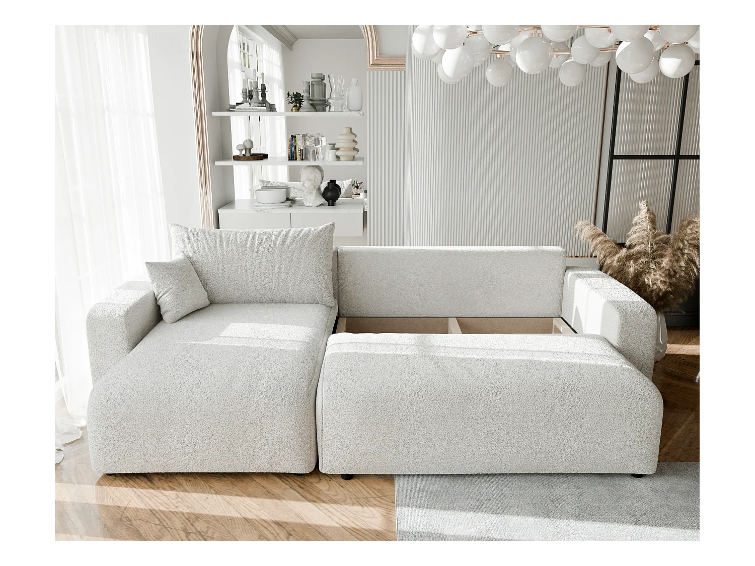 Canapé d'angle convertible en bouclé beige