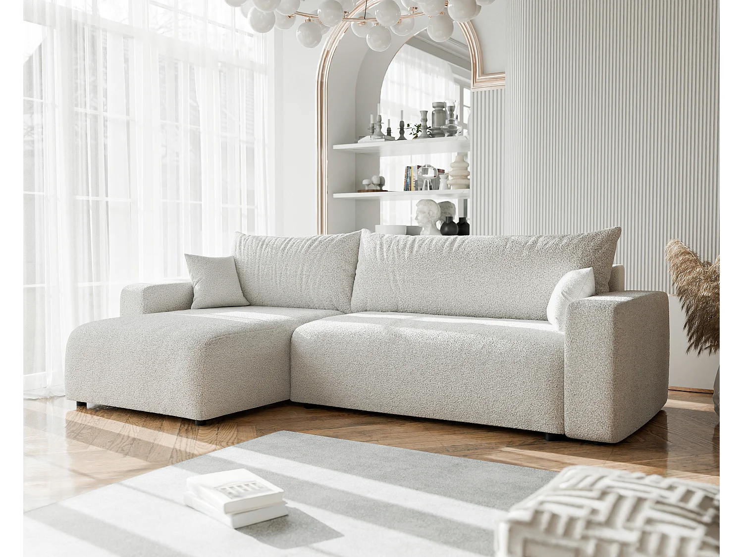 Canapé d'angle convertible en bouclé beige