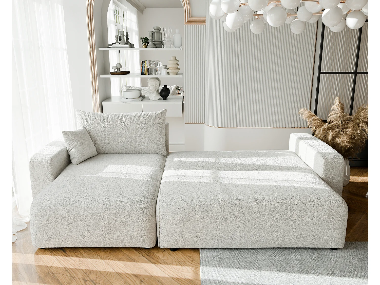 Canapé d'angle convertible en bouclé beige