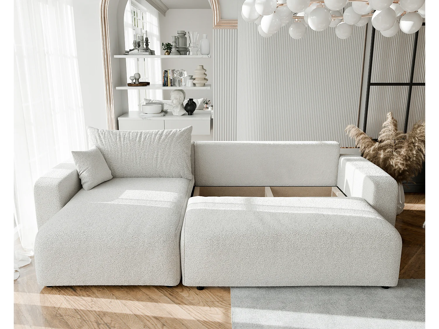 Canapé d'angle convertible en bouclé beige