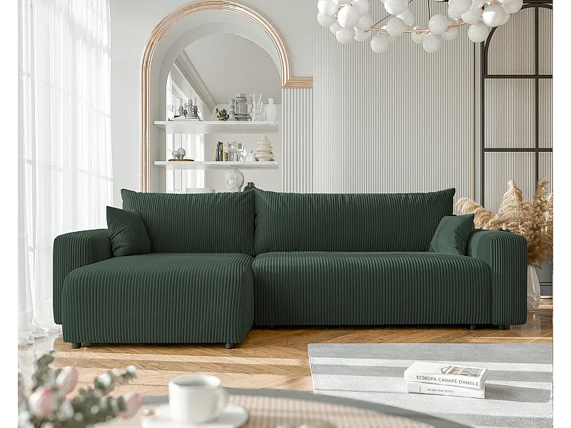 Canapé d'angle convertible tissu velours côtelé vert bouteille