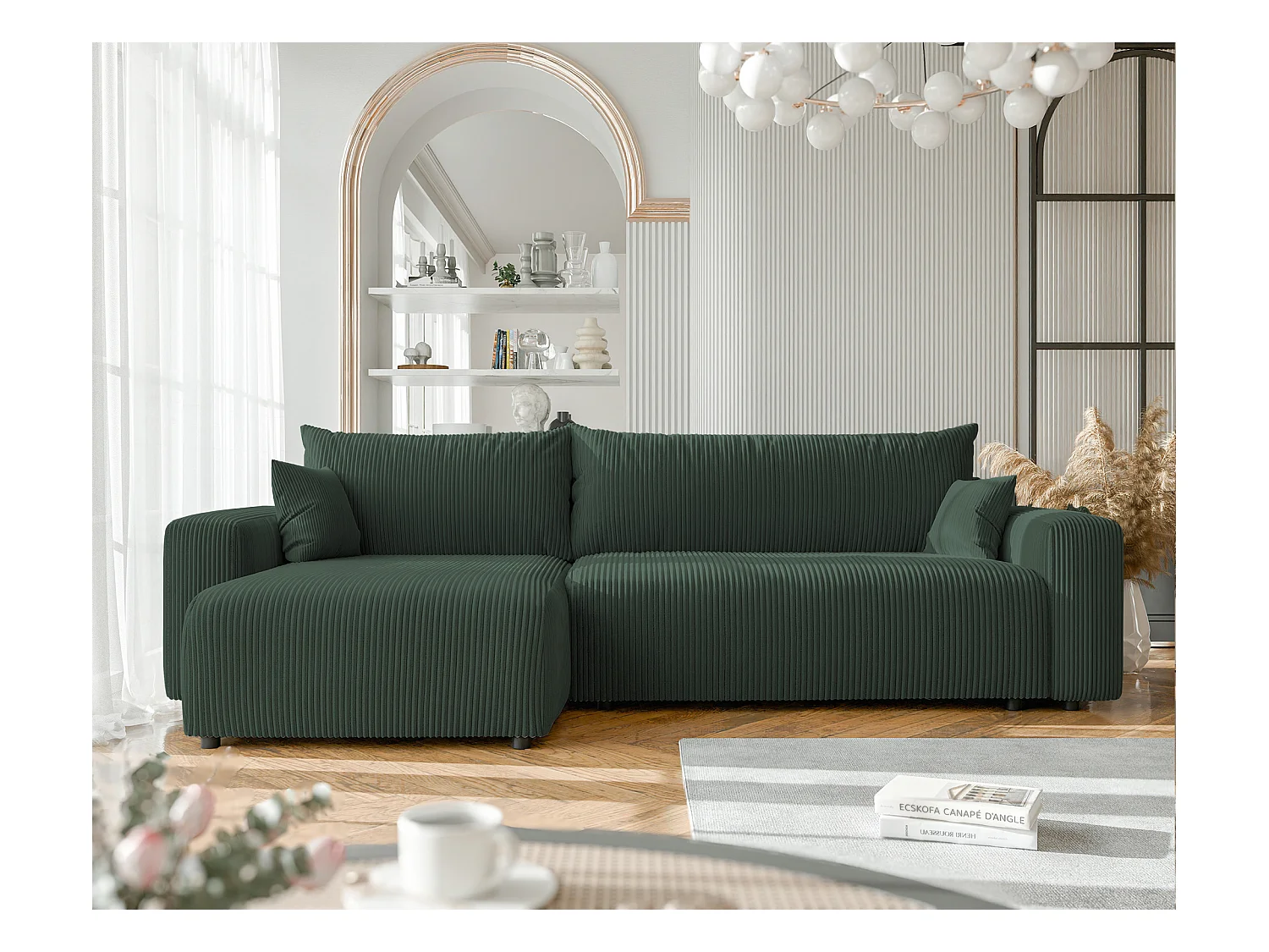 Canapé d'angle convertible tissu velours côtelé vert bouteille