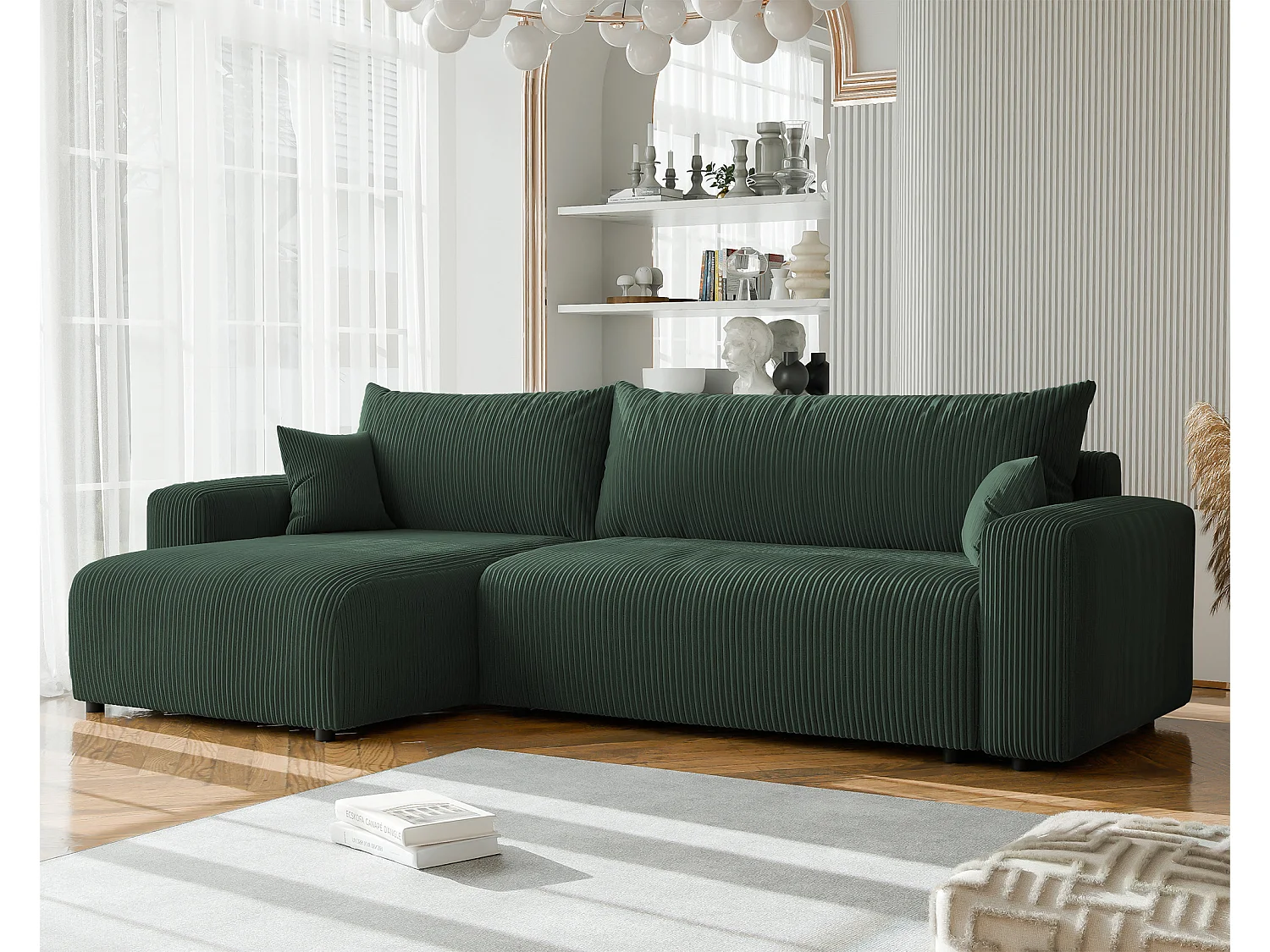 Canapé d'angle convertible tissu velours côtelé vert bouteille