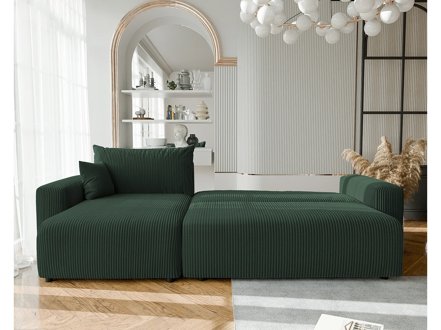 Canapé d'angle convertible tissu velours côtelé vert bouteille