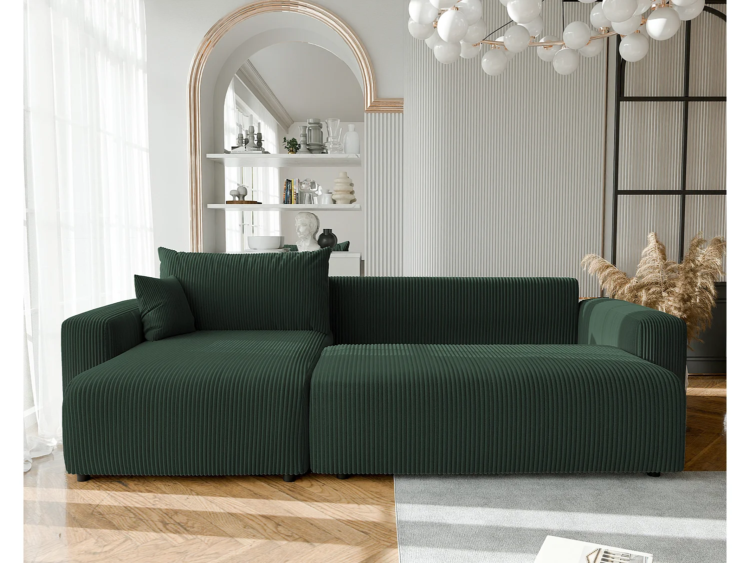 Canapé d'angle convertible tissu velours côtelé vert bouteille