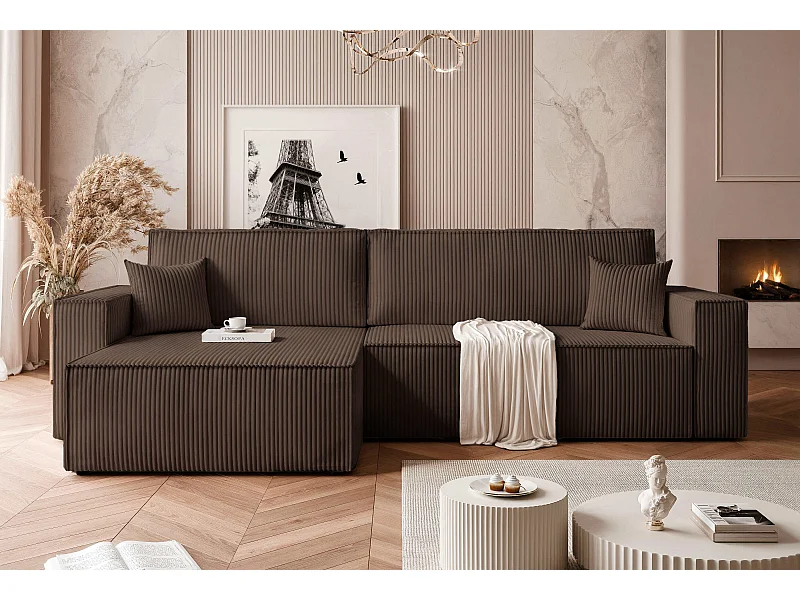 Canapé d'angle convertible tissu velours côtelé chocolat
