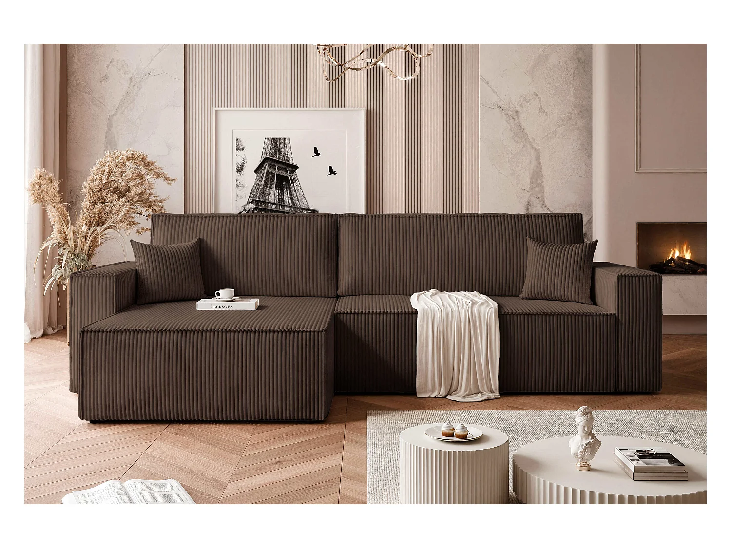 Canapé d'angle convertible tissu velours côtelé chocolat