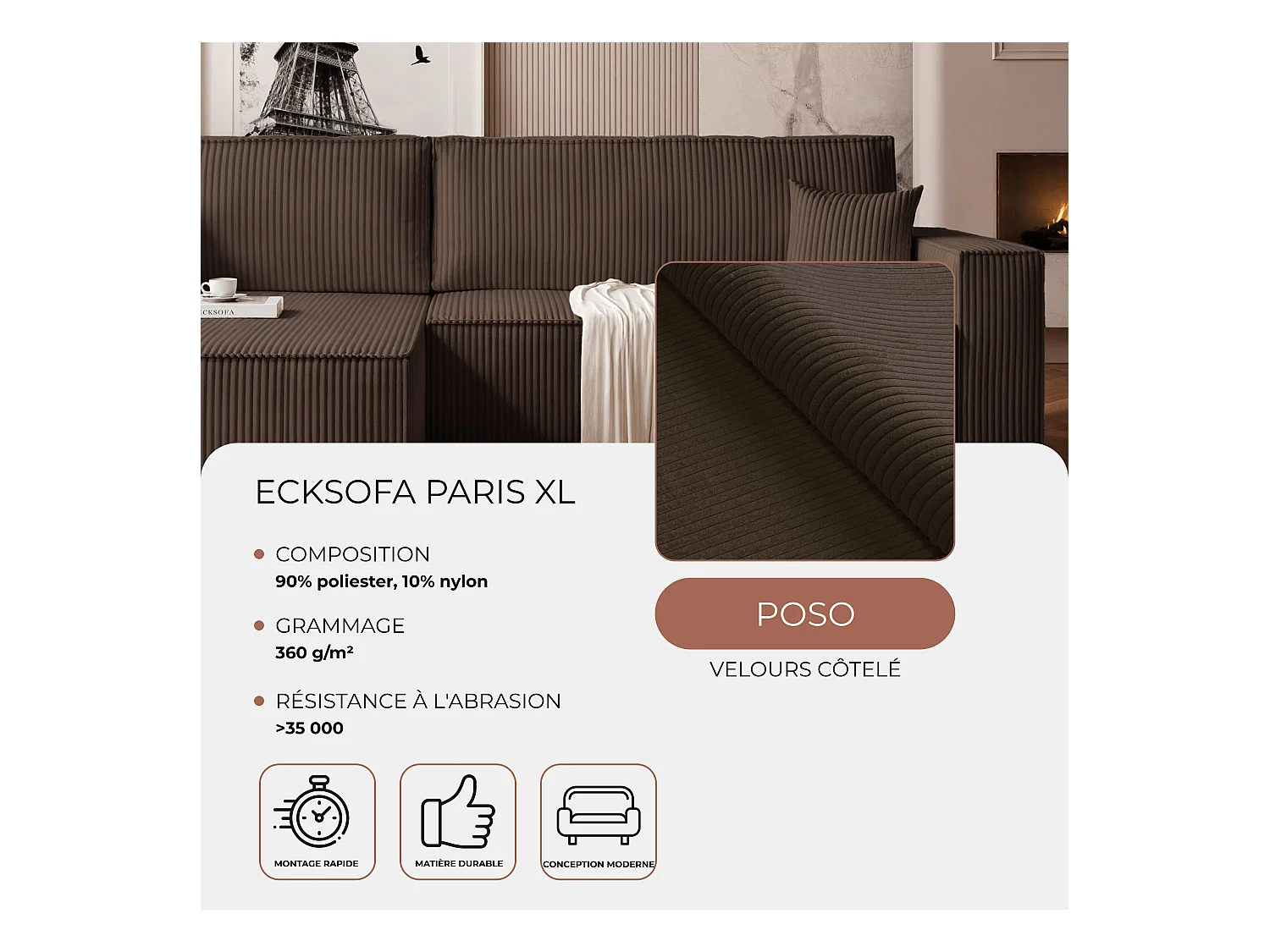 Canapé d'angle convertible tissu velours côtelé chocolat