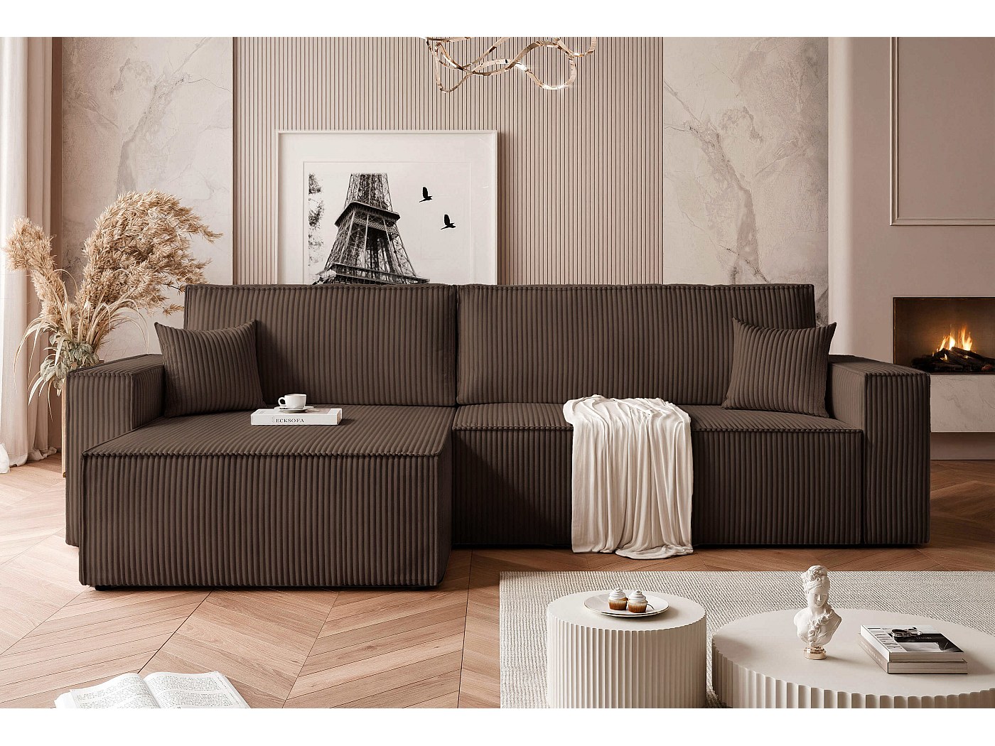 Canapé d'angle convertible tissu velours côtelé chocolat